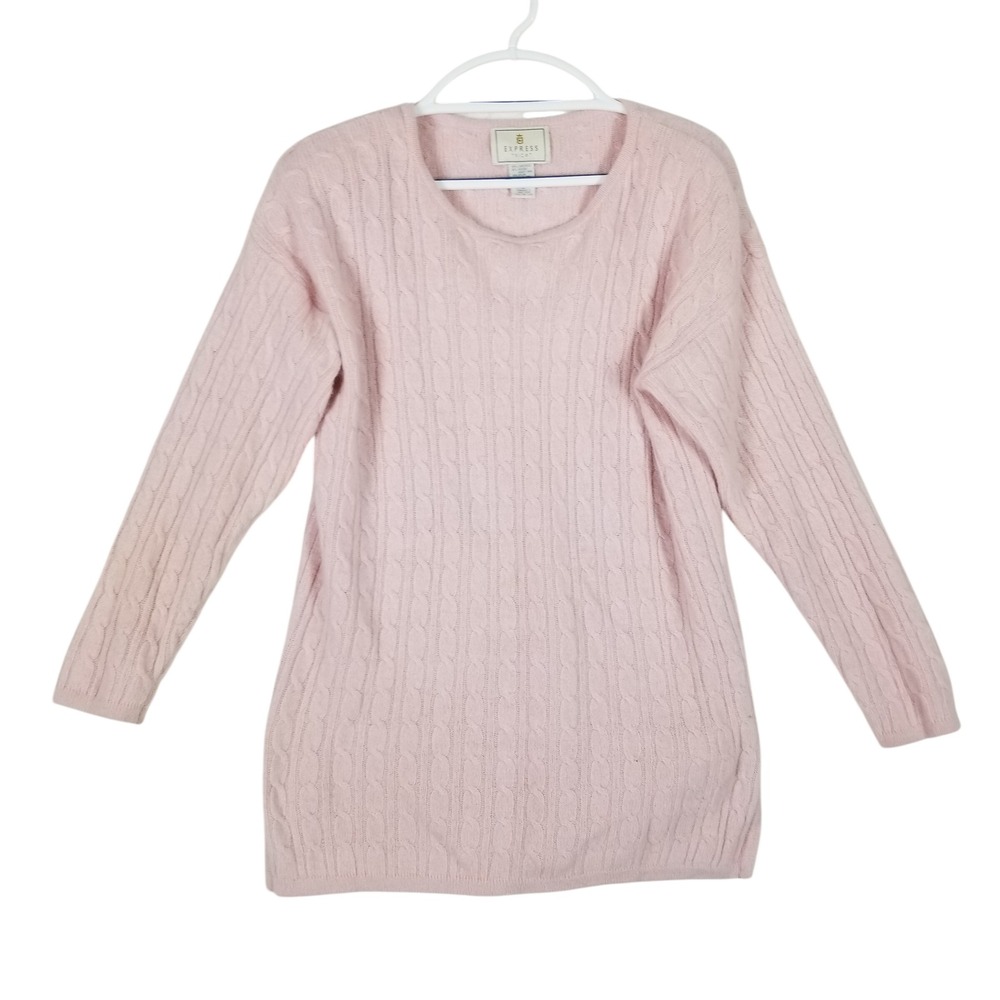 Express Sweater Women Medium Pink Cable Knit Angora Lambswool Tunic Vintage 90s